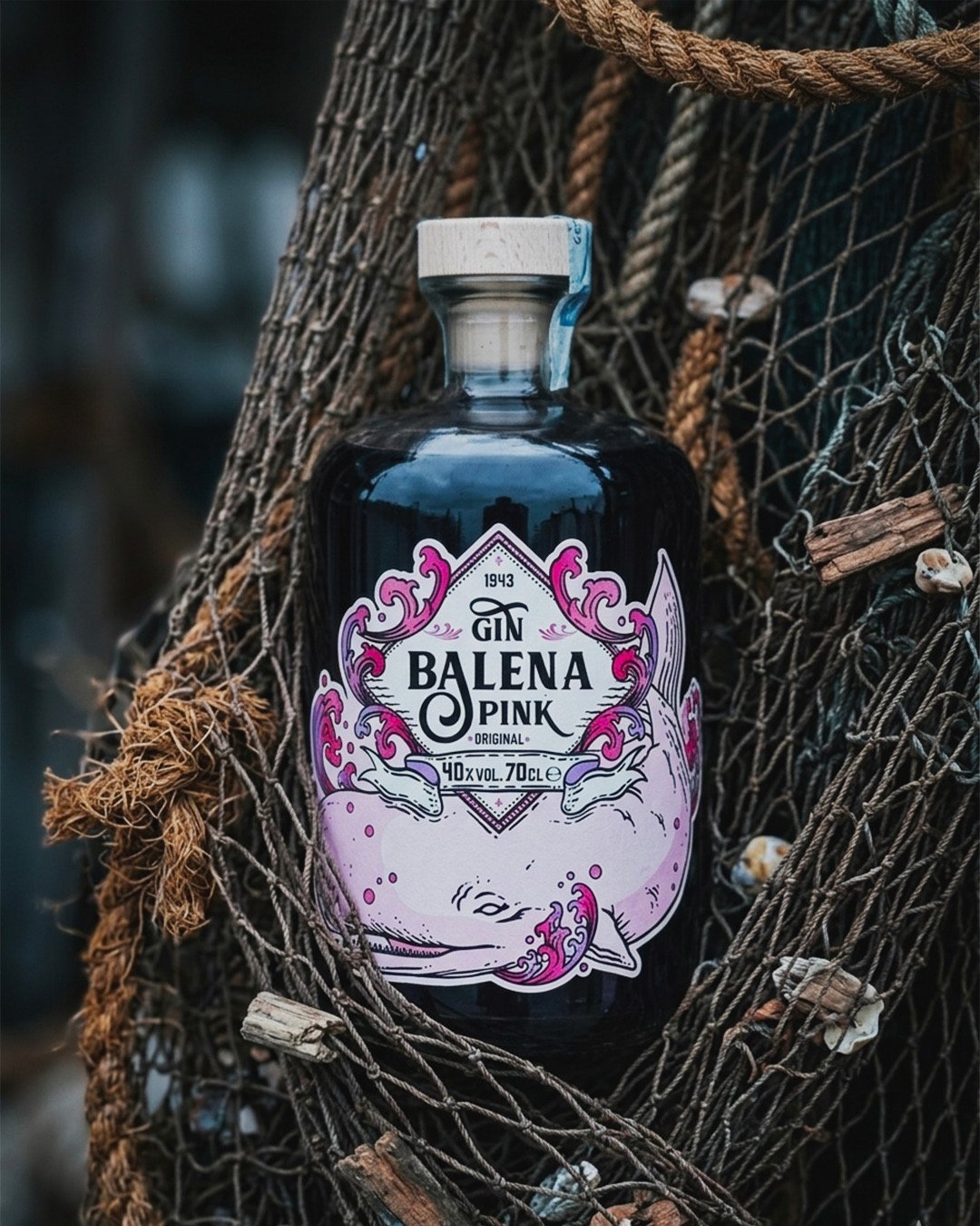 Bottiglia di Gin Balena Pink tra reti e corde di mare