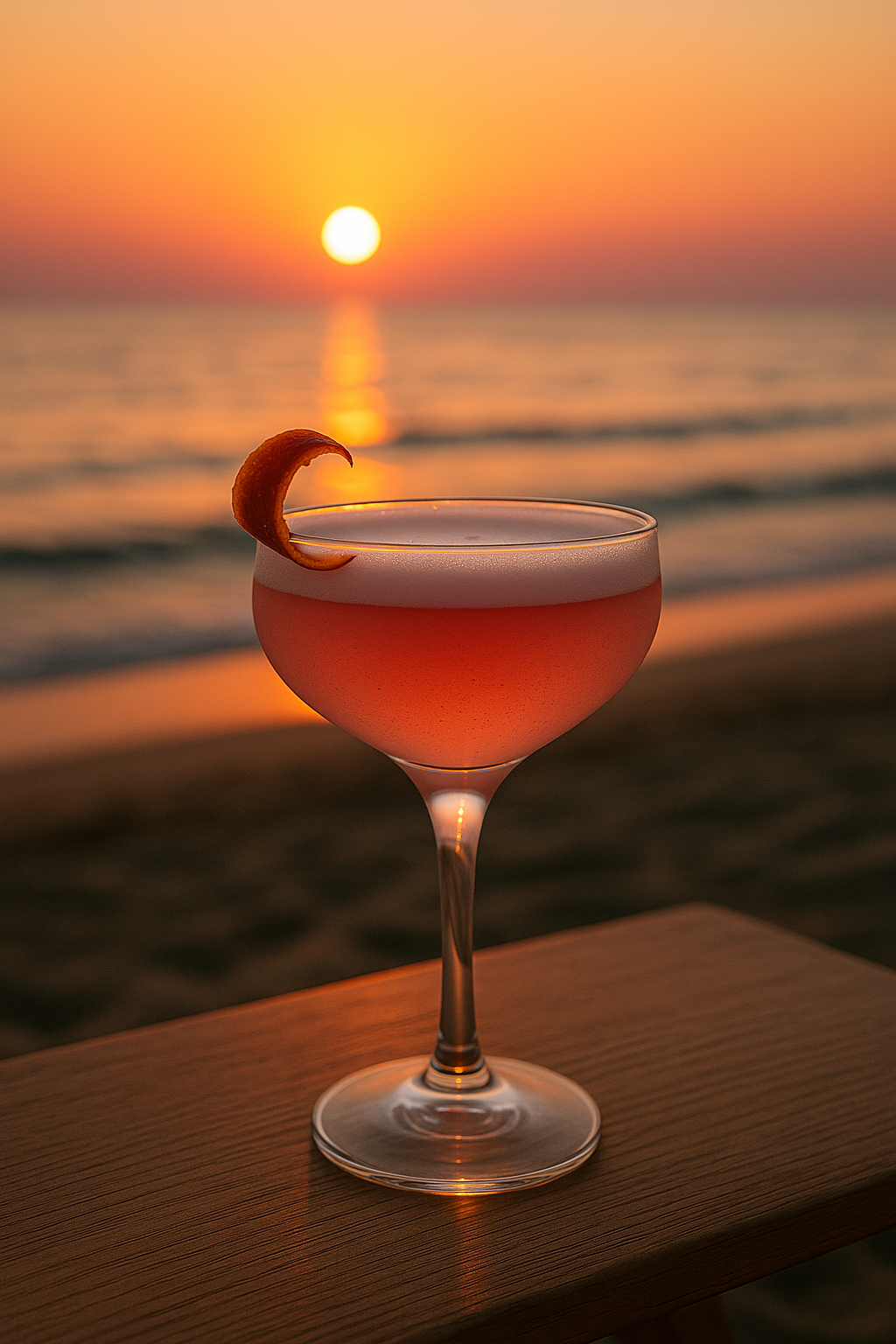 Cocktail Rimini Sunset in coppetta con schiuma cremosa e scorza di arancia fiammeggiata al tramonto sulla spiaggia