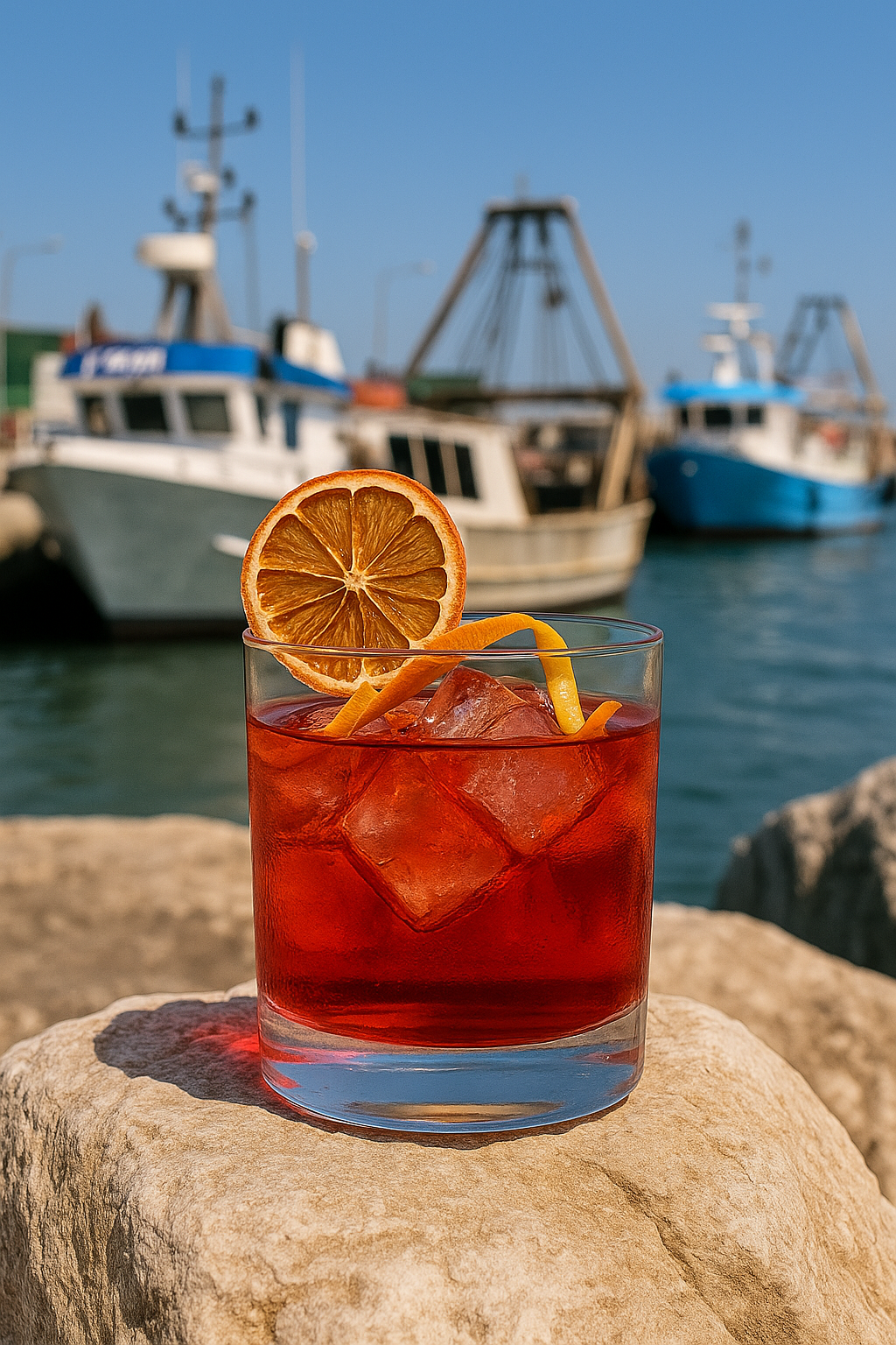 Cocktail Negroni Whale in bicchiere basso con ghiaccio, arancia disidratata e scorza di mandarino