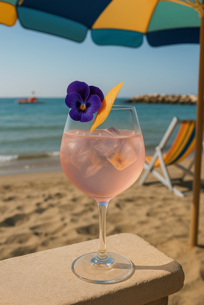 Cocktail Velvet Rose in calice balloon con prosecco, fiore edibile e zest di pompelmo rosa