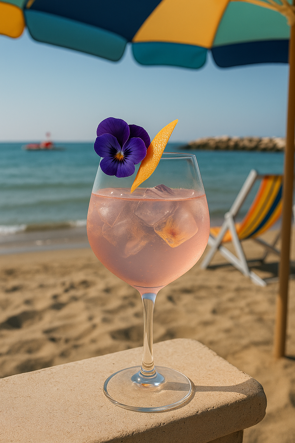 Cocktail Velvet Rose in calice balloon con prosecco, fiore edibile e zest di pompelmo rosa