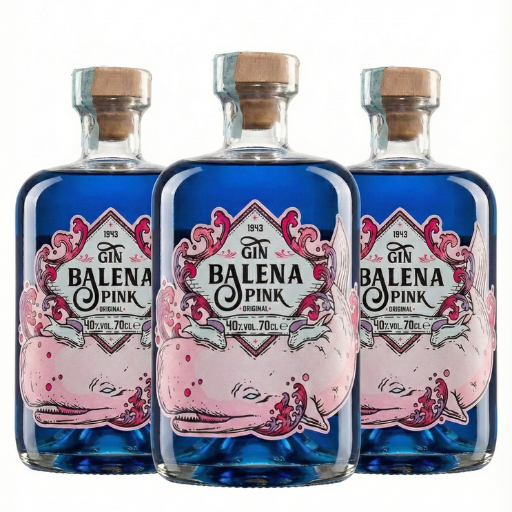 Gin Balena Pink Trio tre bottiglie affiancate gin artigianale italiano che cambia colore