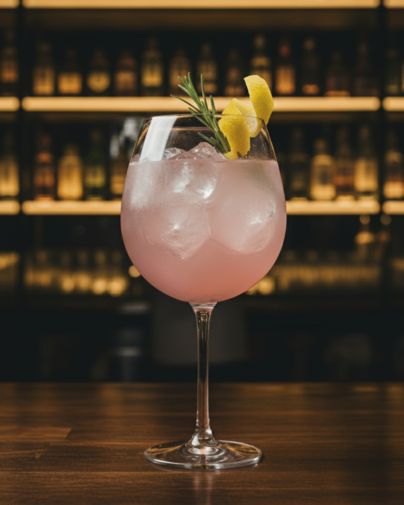 Cocktail Balena Pink Gin Tonic con gin Balena Pink e tonica premium, servito in calice balloon con ghiaccio, fetta di limone, bacche di pepe rosa e rametto di rosmarino.