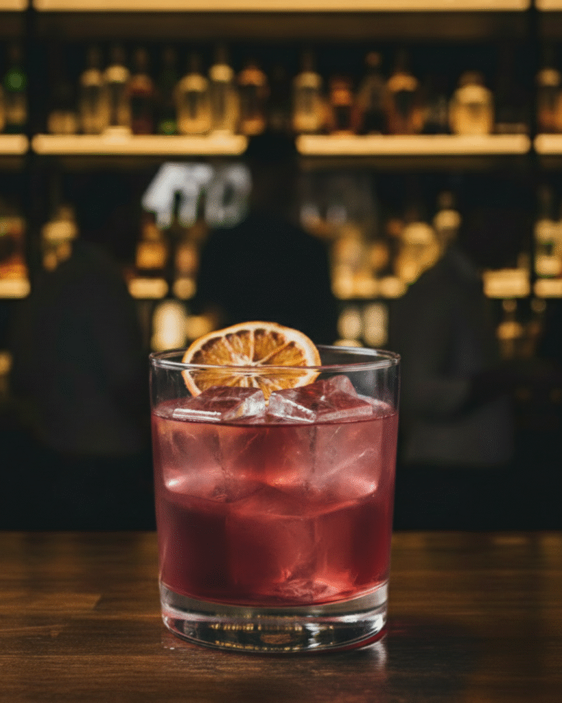 ocktail Negroni Whale in bicchiere basso con ghiaccio, arancia disidratata e scorza di mandarino