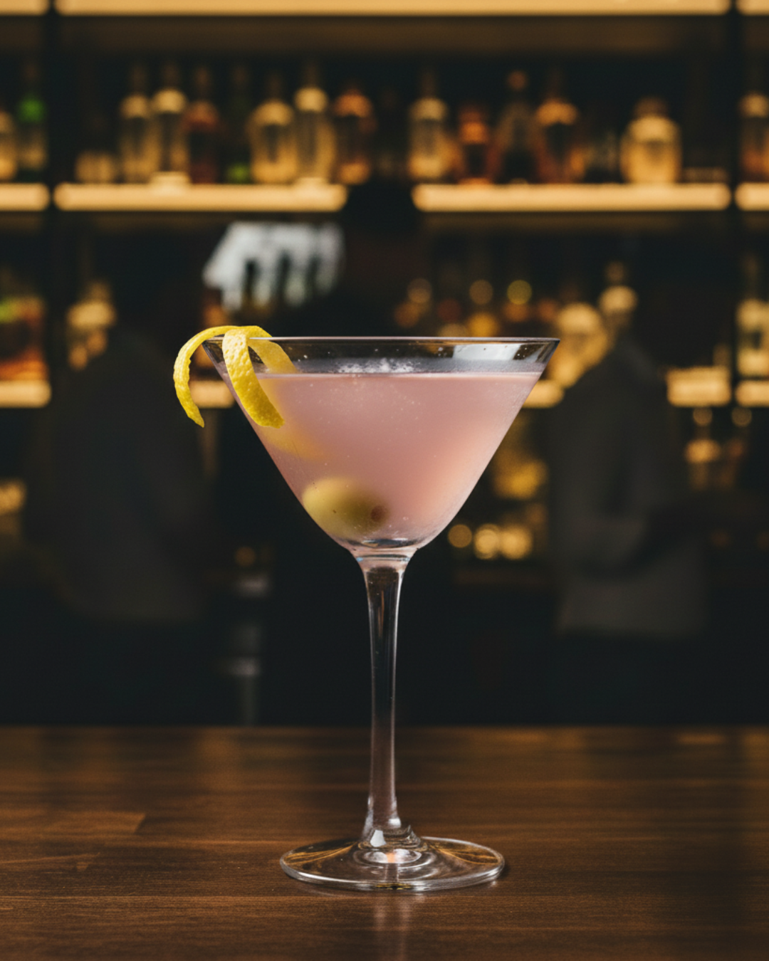 Cocktail Onde Salate servito in coppetta ghiacciata con oliva verde e zest di limone