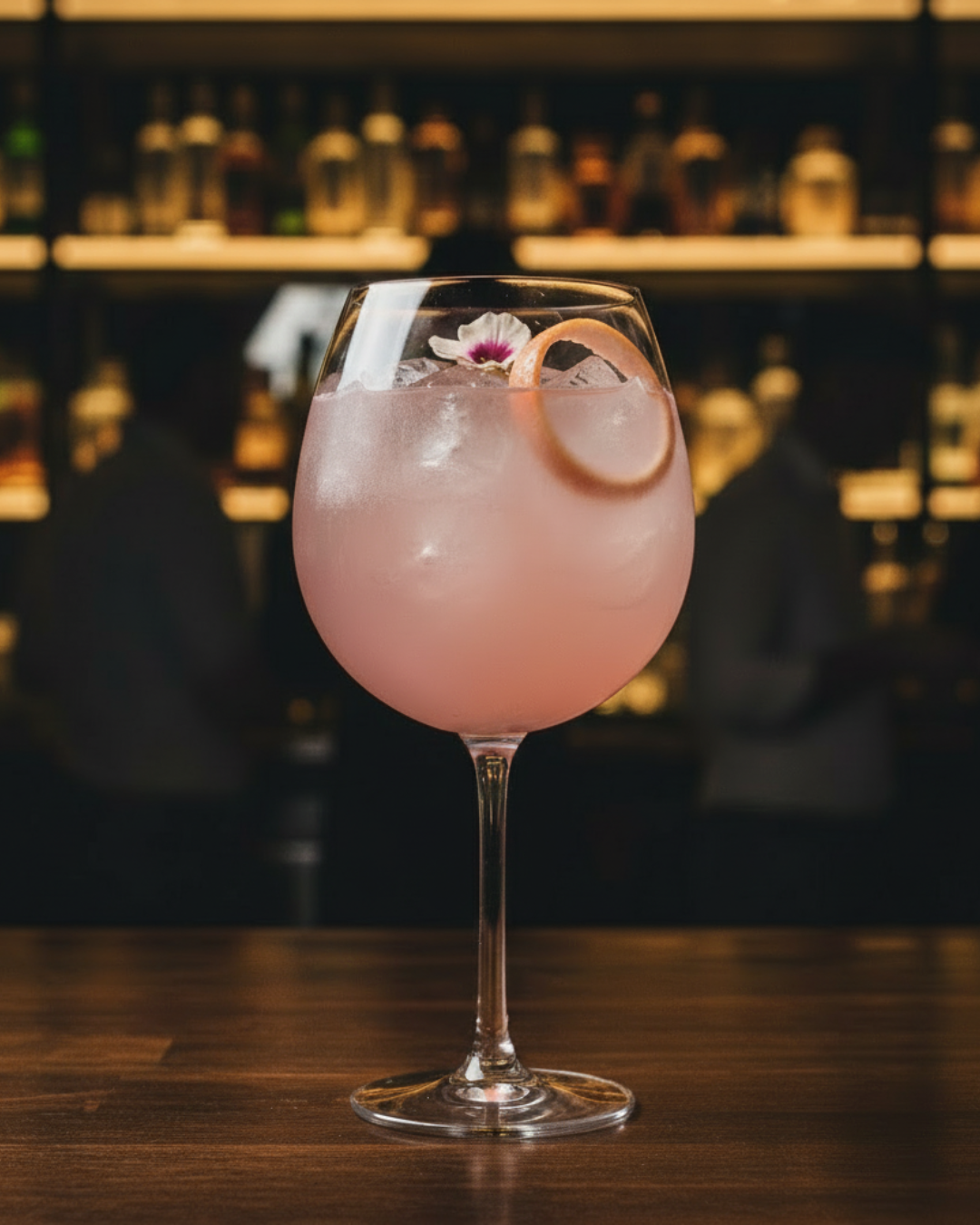 Cocktail Velvet Rose in calice balloon con prosecco, fiore edibile e zest di pompelmo rosa