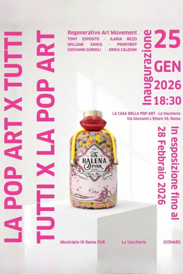 Locandina mostra La Pop Art x Tutti alla Vaccheria Roma con bottiglia Many Kisses di ERIKA Calesini
